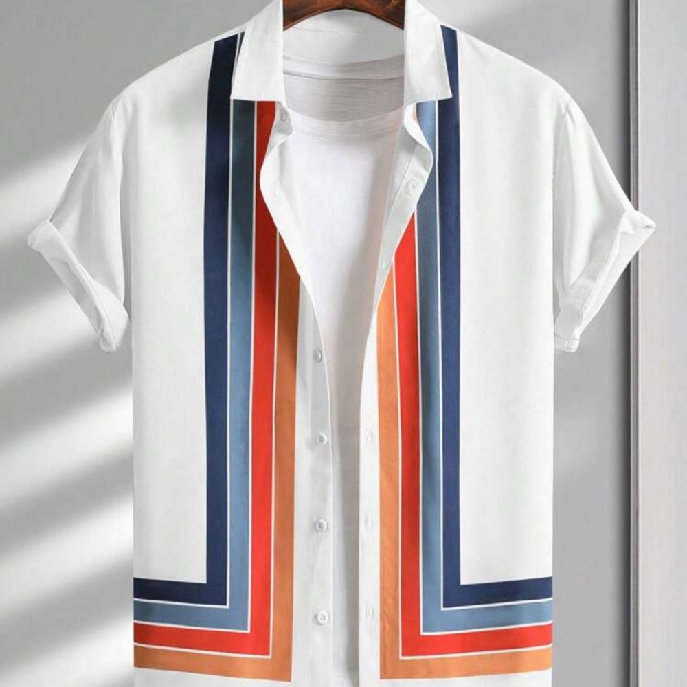 Stylish Men's White Shirt with Blue and Orange Stripes